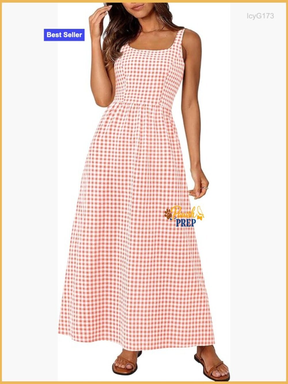 Spaghetti Strap Maxi Dress Plaid Square Neck A-Line Sundress with Pockets